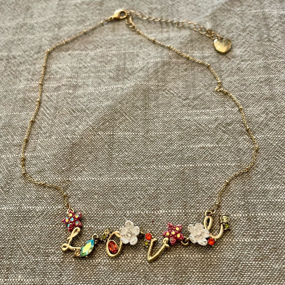 Vintage Betsey Johnson Gold and Pink Love Necklace with Nature-Inspired Charms - Picture 2 of 12